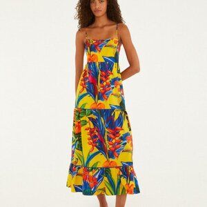 Farm Rio Strappy Square Neck Pleated Maxi Dress Size S Bright Nature Yellow